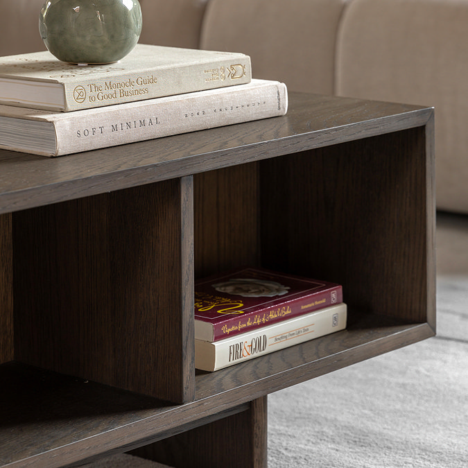 close up image of shelf space of walnut rectangular coffee table