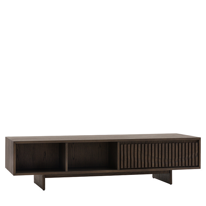 image taken from the back of walnut rectangular coffee table with1 drawer and double shelf space