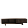 image taken from the back of walnut rectangular coffee table with1 drawer and double shelf space
