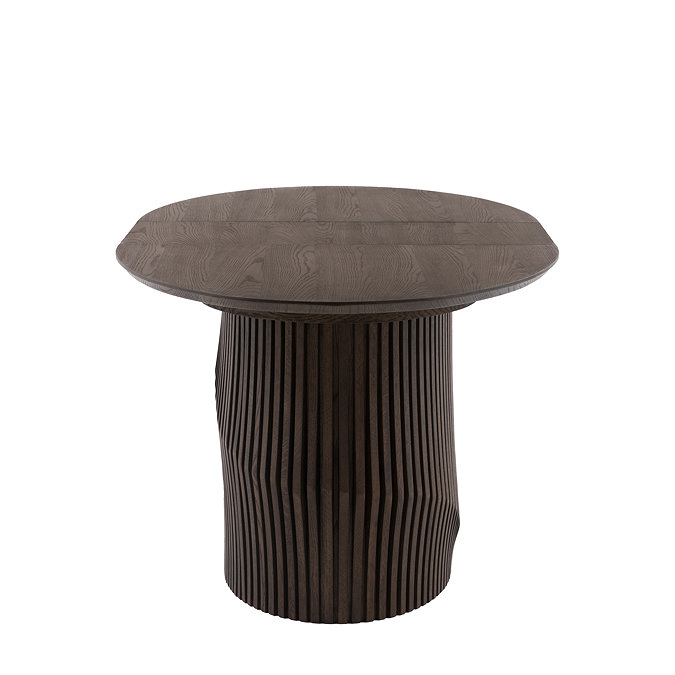 side on cut out of oval walnut coloured dining table