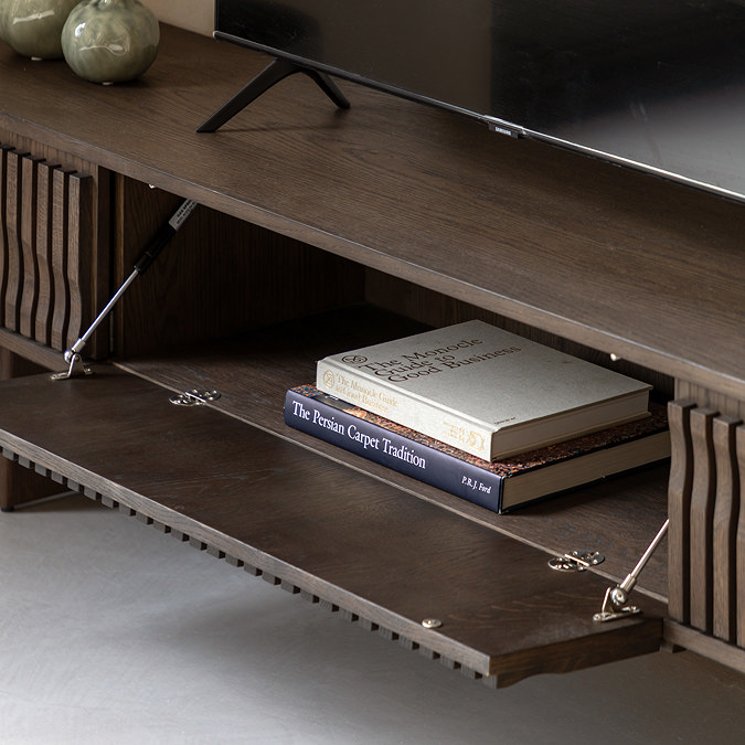 close up image of tv unit with middle door folded down to show storage space within