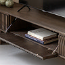 close up image of tv unit with middle door folded down to show storage space within