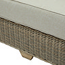 close up on bottom of rattan sofa showing the short acacia wood legs