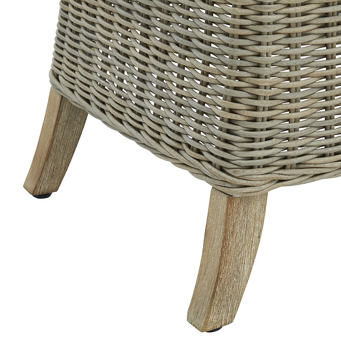 close up image cut out on white background of beige rattan dining chair with light wood feet