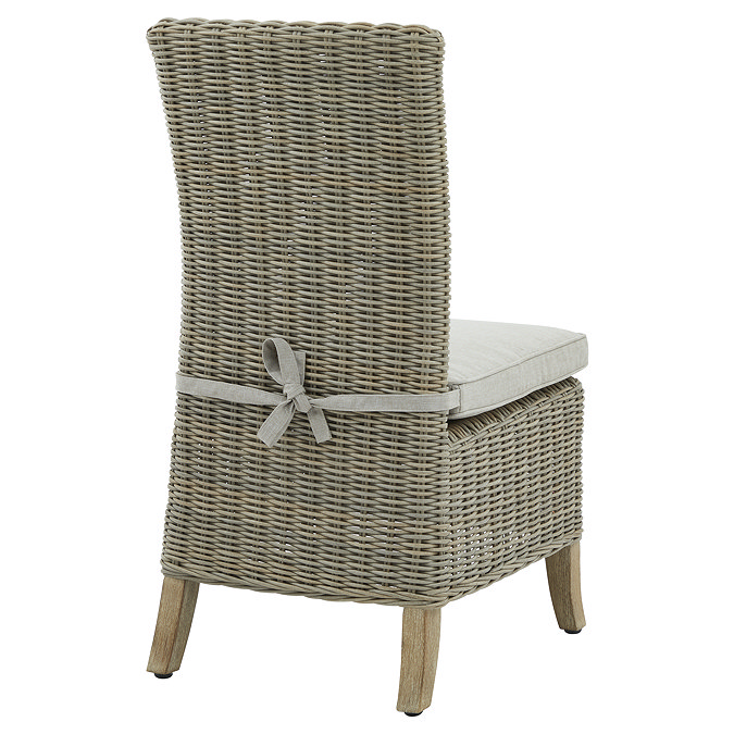 image taken from the back cut out on white background of beige rattan dining chair, with seat pad fastened by a bow at the back