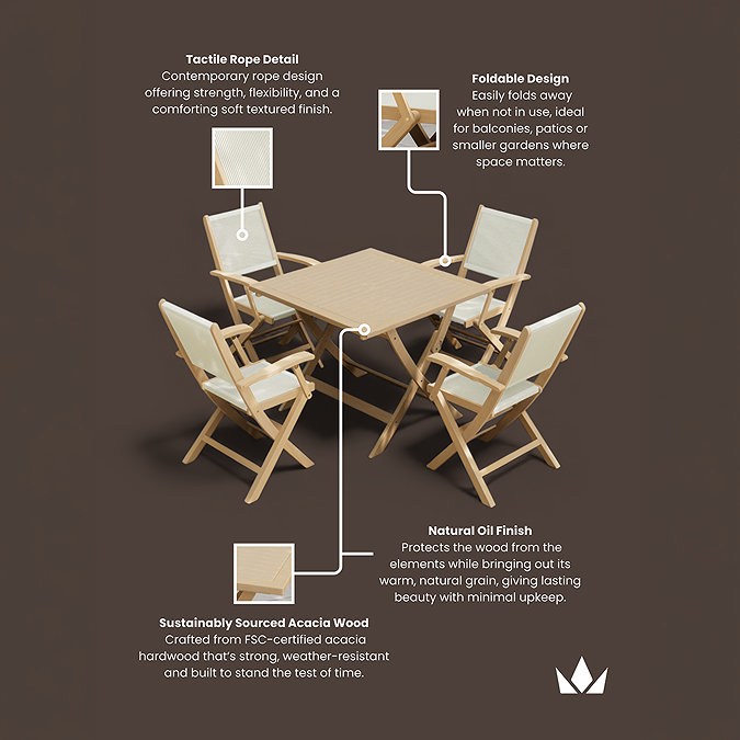 image of acacia wood dining set with four chairs and material specification written around it
