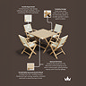 image of acacia wood dining set with four chairs and material specification written around it