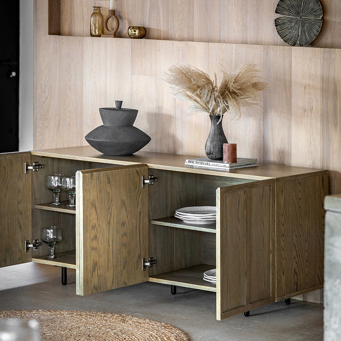 image of smoked oak sideboard with doors open to reveal 4 storage shelves inside
