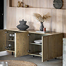 image of smoked oak sideboard with doors open to reveal 4 storage shelves inside
