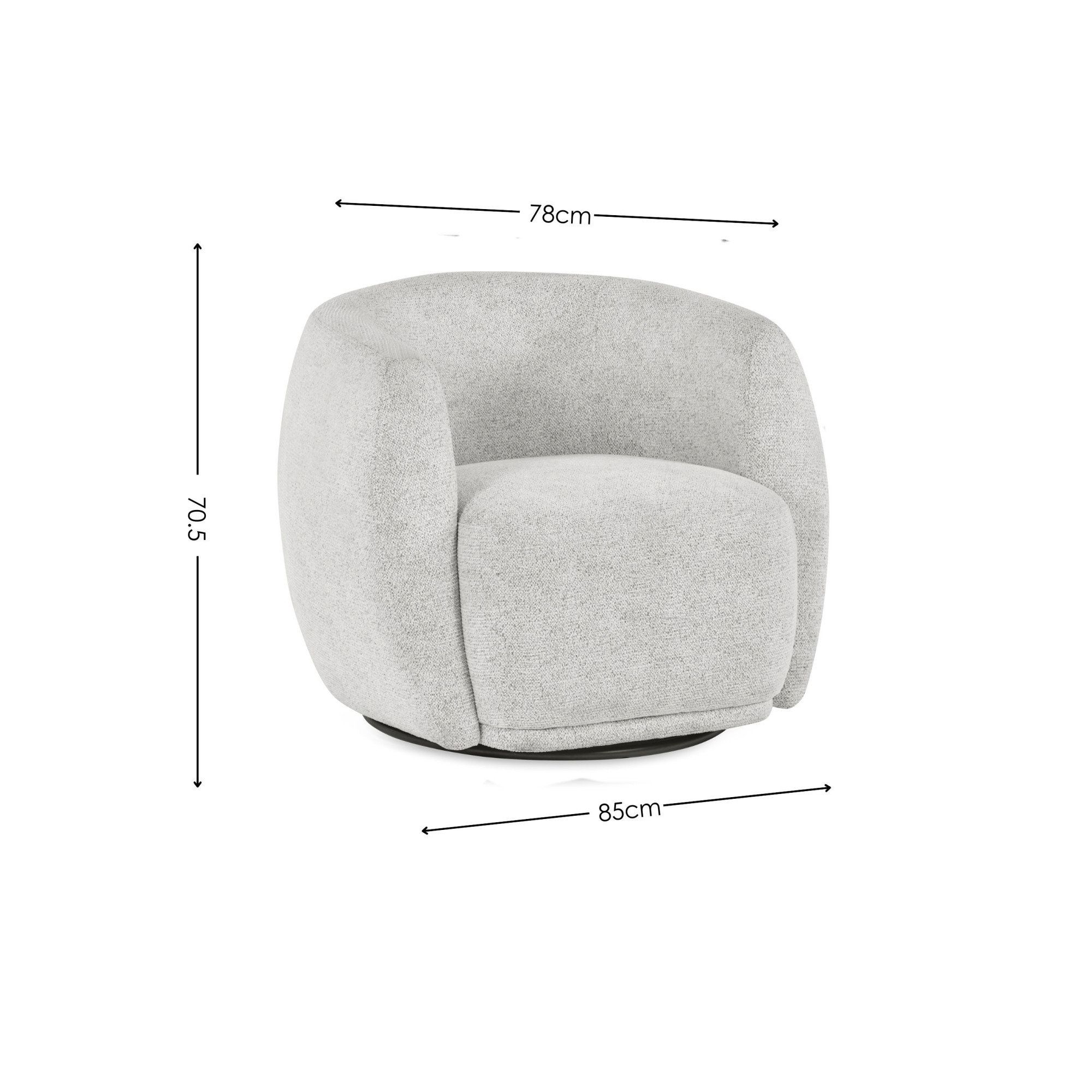 image cut out on white background of rounded swivel chair with  black arrow line dimensions
