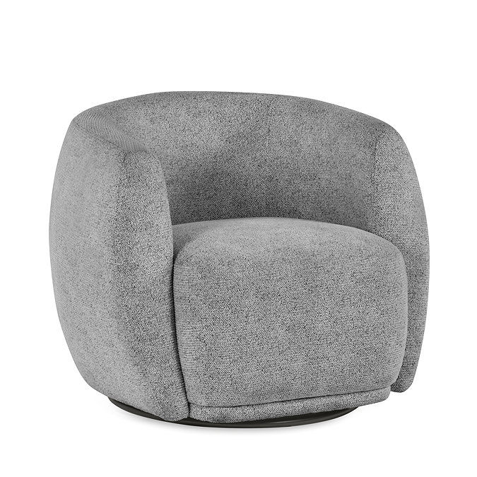 image cut out on white background of grey rounded chenille chair with slim swivel base