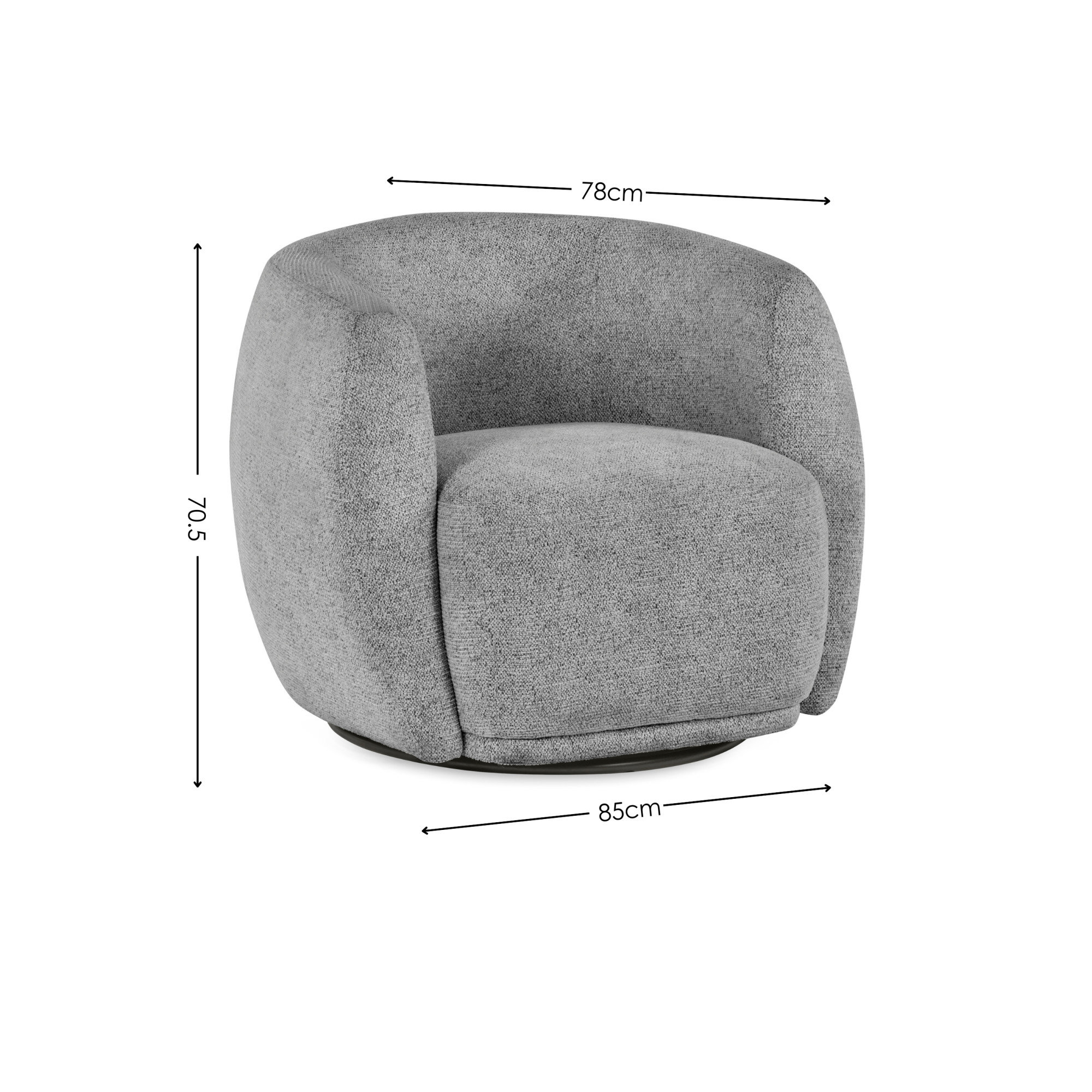 image cut out on white background of rounded swivel chair with black arrow line dimensions