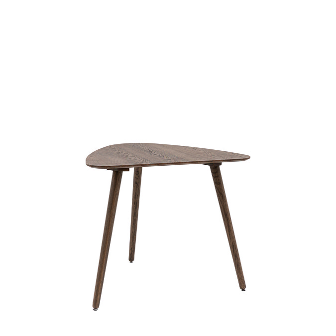 image cut out on white background of dark oak three legged triangular table
