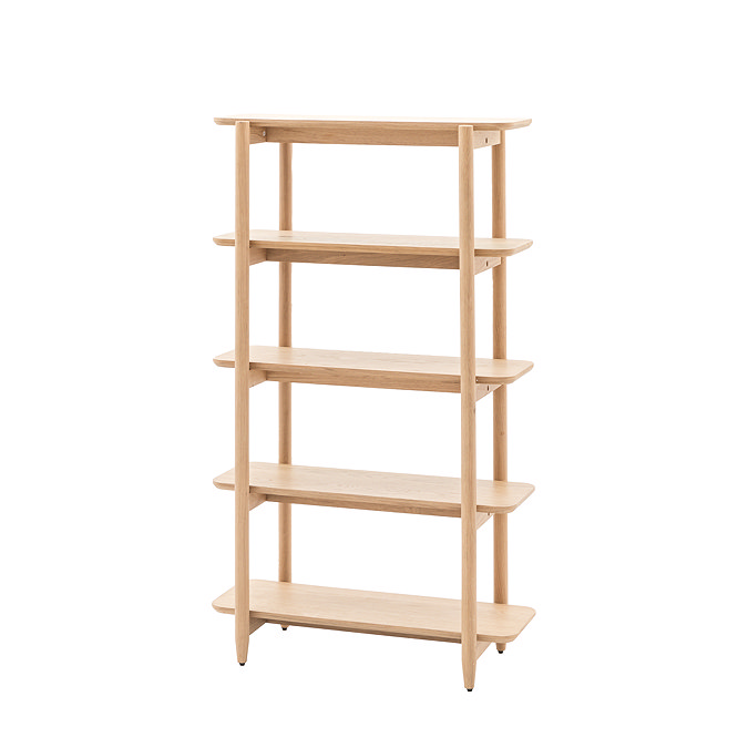 image cut out on white background of tall light oak shelving unit with five shelves
