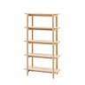 image cut out on white background of tall light oak shelving unit with five shelves
