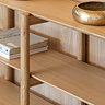 close up on smooth oak surface of wooden shelving unit