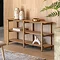 image of light oak wide shelving unit at 70cm high and 150cm wide, with four open shelves displaying vases and other home accessories