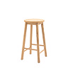 image cut out on white background of oak stool with round seat and four legs with two slats on each side