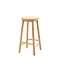 image cut out on white background of oak stool with round seat and four legs with two slats on each side