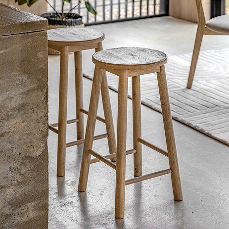 image of light oak wood stool with round seat and four legs