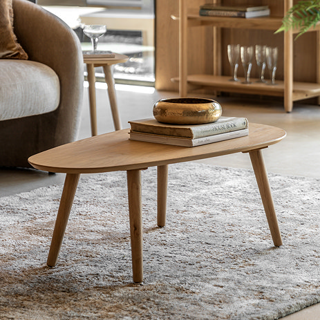 image of stretched oval coffee table on a rug in a living room, topped with books and a bowl