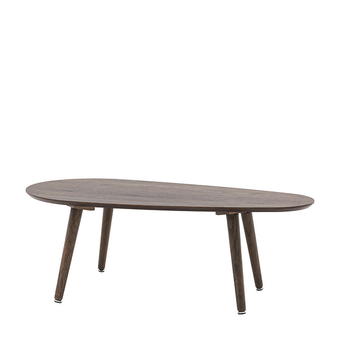 image cut out on white background of oval smoked oak coffee table