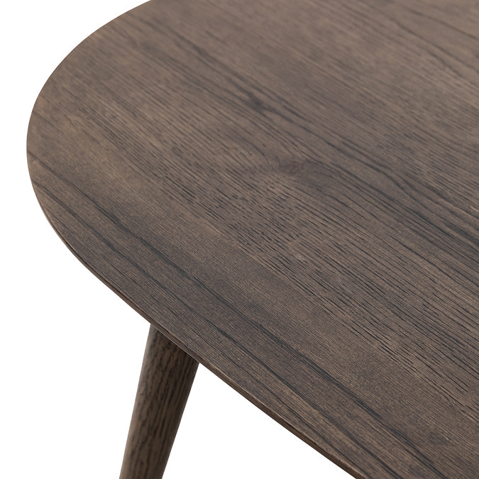 close up image cut out on white background of smoked oak tabletop of coffee table, highlighting wood grain