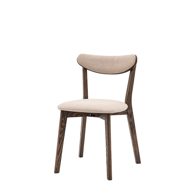 image cut out on white background of dark wood dining chair with padded seat and curved backrest
