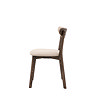 side on image cut out on white background of dark wood dining chair with padded seat and curved backrest