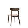 back image cut out on white background of dark wood dining chair with padded seat and curved backrest