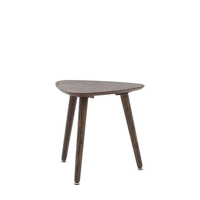 image cut out on white background of dark brown oak triangular side table