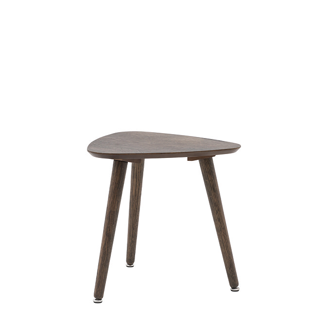image cut out on white background of triangular dark oak side table