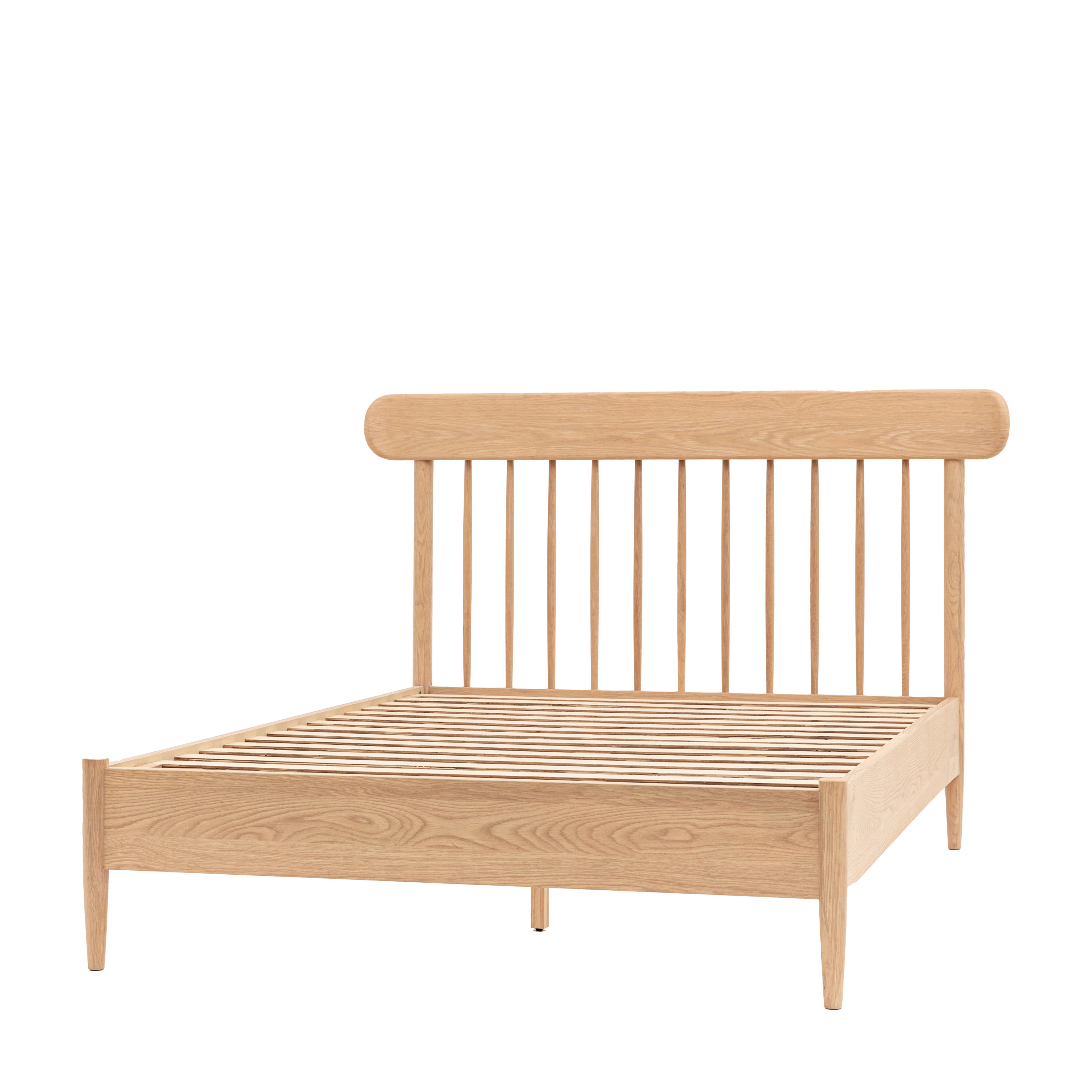 angled front on image of light oak bed with spindled headboard, no mattress to highlight slatted base, image cut out on white background