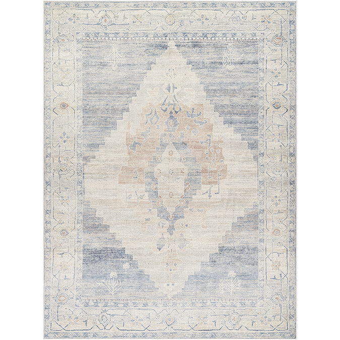 image cut out on white background of denim blue and white distressed vintage rug