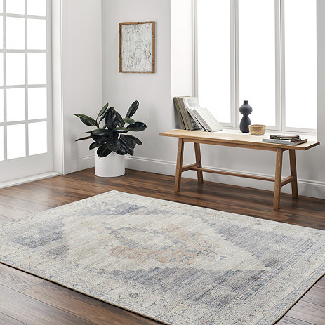 image of blue and white distressed vintage rug on dark wood flooring of room in front of long windows with light streaming through