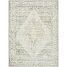image cut out on white background of olive green rug with faded floral patterns and central diamond