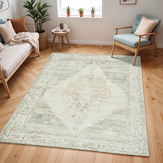 image of olive green and ivory patterned rug with central diamond and floral border, on light wood flooring of modern apartment