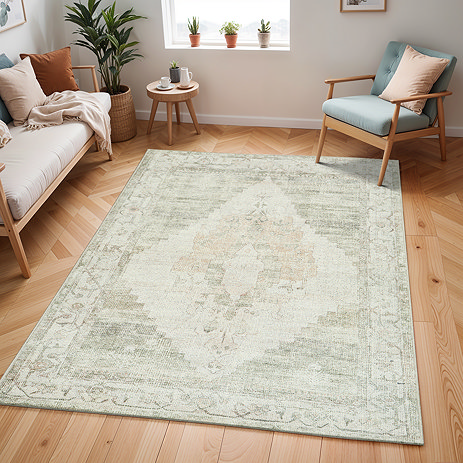 image of olive green and ivory patterned rug with central diamond and floral border, on light wood flooring of modern apartment