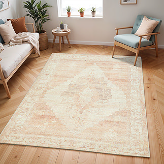 image of tan and ivory vintage area rug on light wood flooring of apartment