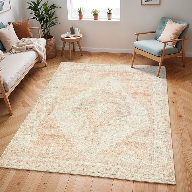 image of tan and ivory vintage area rug on light wood flooring of apartment