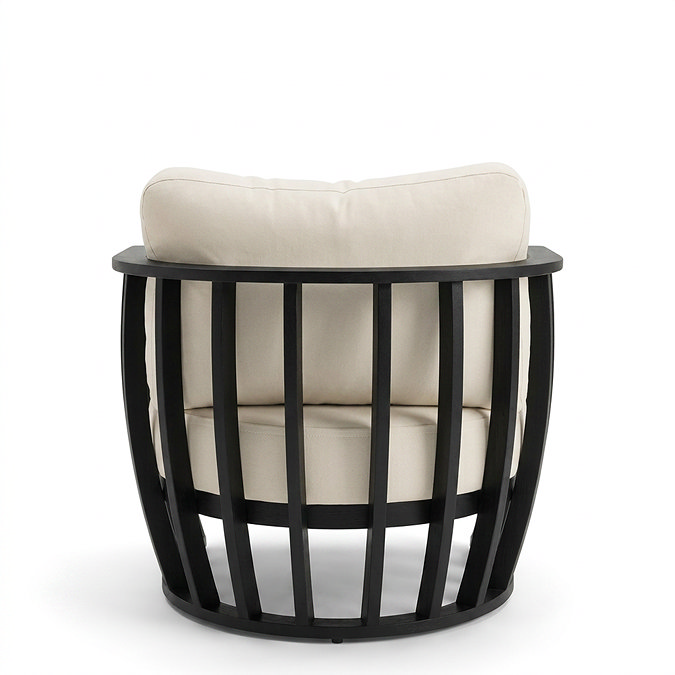 cut out image taken from behind of open frame curved black garden armchair