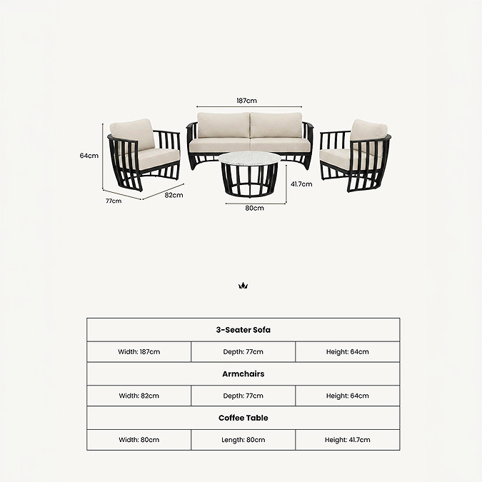 cut out image of black garden lounge set with dimension specifications at the bottom