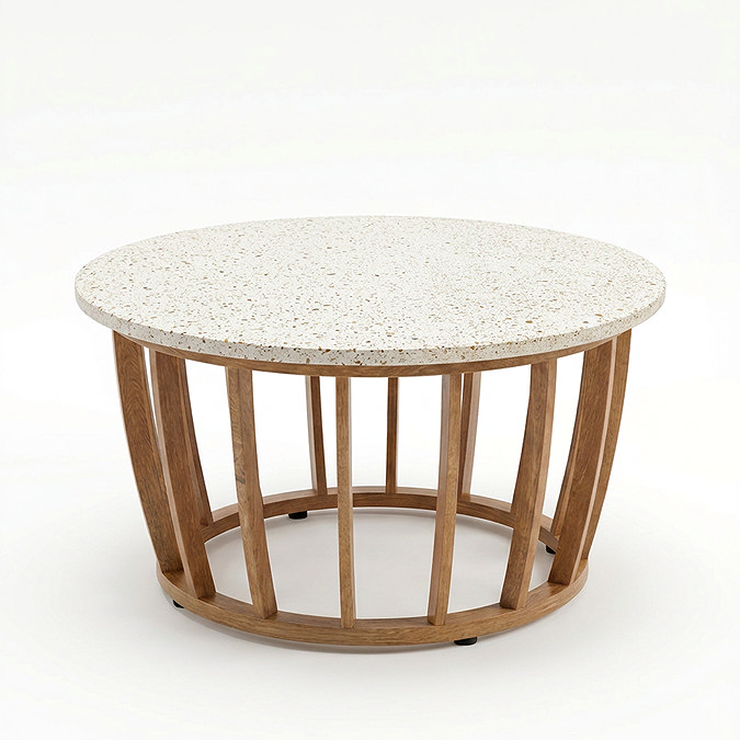 cut out of garden coffee table with teak coloured base and round marble top