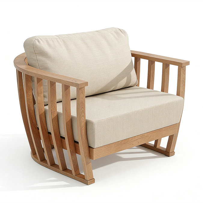 cut out of teak armchair with plush cream cushions