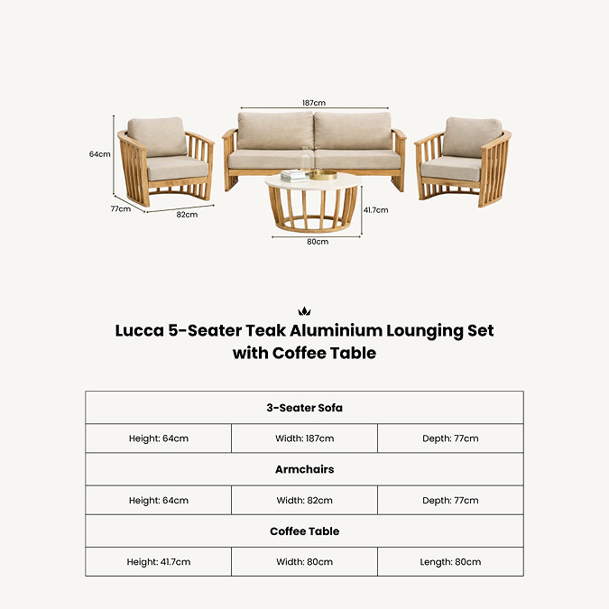 cut out image of four seat garden lounge set in teak colour with dimensions specification written below