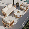 image taken from above of teak coloured garden set featuring two arm chairs, one 2-seat sofa and a round coffee table, on a garden patio