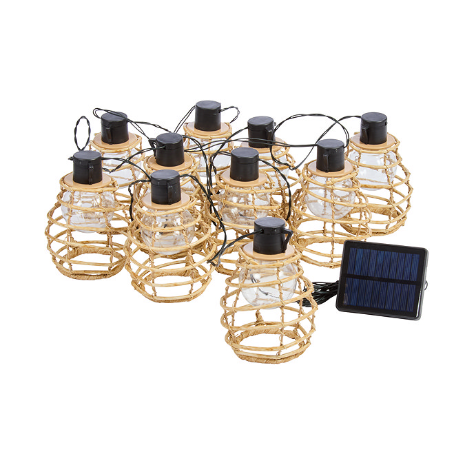 image cut out on white background of honey-comb inspired string lights with mini solar panel