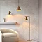 wide shot of living room with corner light, wall light and pendant light in antique brass