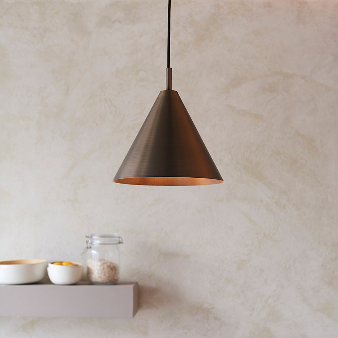 closer image of bronze conical ceiling light