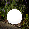 image of orb light glowing cool white on edge of garden pathway